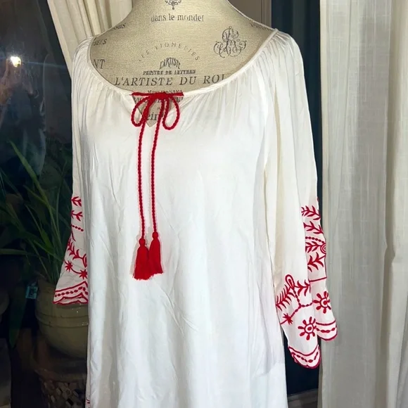 CC Chic Connection white tunic long shirt red embroidery tassel tie dress Small​ - Picture 11 of 16